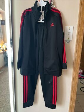Boys Adidas Black Track Suit with Red Stripe Accents